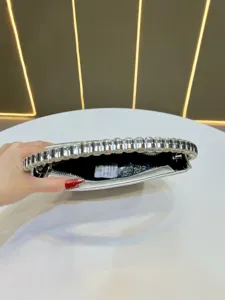 Elegante borsa da sera rotonda in strass argentati con tracolla e bordo di cristallo.