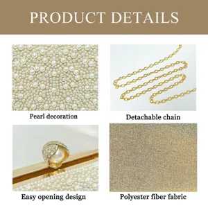 Elegant women evening clutch bag detail showing pearl decoration and detachable chain strap.