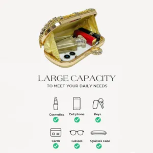 Bolso de noche dorado con pedrería de gran capacidad para móvil, cosméticos y llaves.