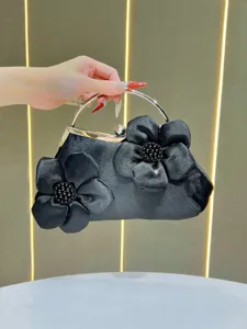 Femme Luxe Satin Sac de Soirée Floral Perle Chaîne Bandoulière Élégant Mariage Fête Sac à Main Pochette