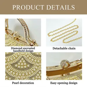 Elegant pearl evening clutch bag with rhinestone handle and detachable gold chain strap.