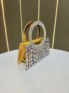 Luxury crystal rhinestone evening handbag with round handle for women elegant party clutch bag.