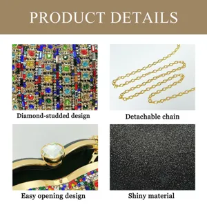 Crystal heart evening clutch bag detail view showcasing diamond-studded design and chain.