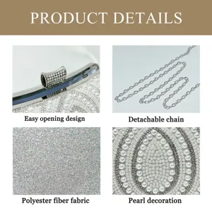 Detailed close-up view of women evening clutch bag featuring pearl and rhinestone decorations.