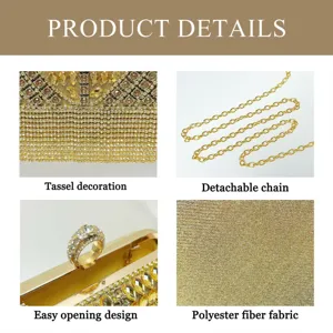 Lujoso bolso de noche de diamantes de imitación con borla, cadena desmontable y tela.