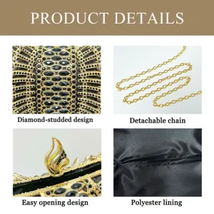 Rhinestone evening bag detail showcasing diamond-studded design and detachable gold chain.