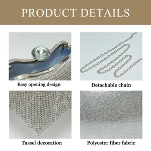 Rhinestone evening bag detail featuring clasp, detachable chain, tassel, and polyester fabric.