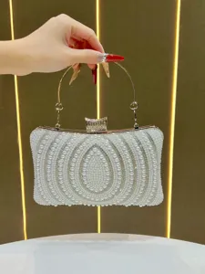 Women Rhinestone Artificial Pearl Evening Bag Luxury Glitter Clutch Purse Wedding Bridal Party Handbag With Chain