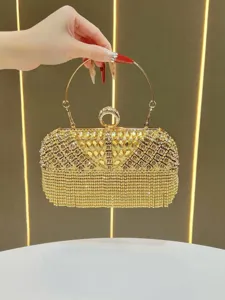 Bolso de Noche de Diamantes de Imitación de Lujo para Mujeres Bolso de Embrague de Cadena Metálica Borla Vintage