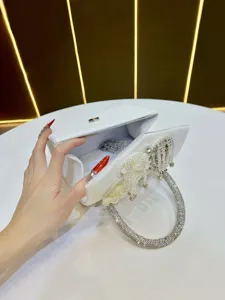Elegant white velvet evening bag with rhinestone handle pearl tassel luxury clutch