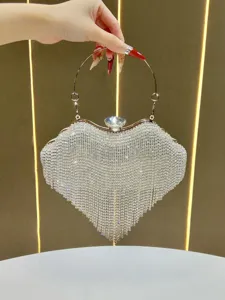 Women Rhinestone Tassel Evening Bag Luxury Crystal Clutch Purse Wedding Party Dress Handbag Metallic Chain Crossbody Bag