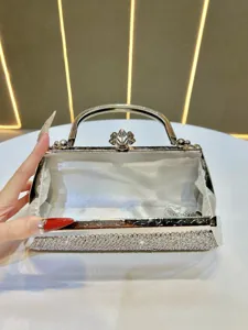 Close-up view of elegant rhinestone evening clutch bag with sparkling crystals and clasp.