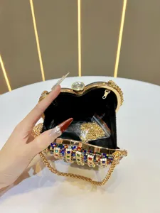 Heart shaped rhinestone evening clutch bag with gold chain strap luxury party shoulder handbag.