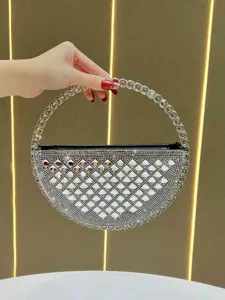 Borsa da Sera con Strass Lucida Borsa a Mano Mezzaluna Pochette di Cristallo
