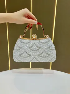 Elegant pearl evening clutch bag with sparkling rhinestones and gold handle for women dress parties