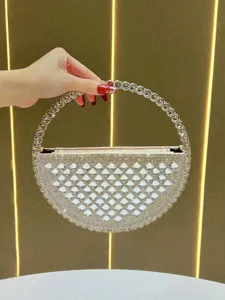 Elegante borsa da sera in strass con manico rotondo pochette semicerchio scintillante