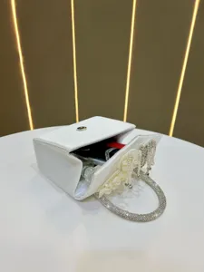 White velvet evening bag with rhinestone circle handle and elegant tassel decoration.
