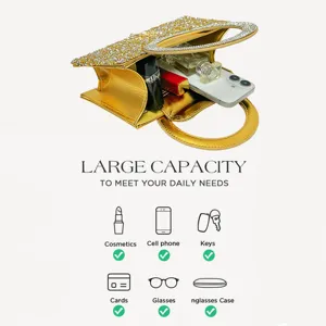 Stunning gold rhinestone evening bag for women, luxury glitter clutch with ring handle.
