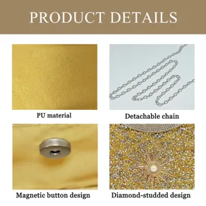 Close-up details of evening bag showing PU material, detachable silver chain, and rhinestone star.