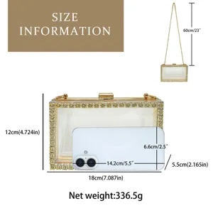 Acrylic rhinestone clutch bag size details, compact square shape with gold chain strap.