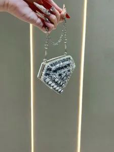 Sparkling rhinestone diamond shaped clutch bag with chain strap, luxury evening mini bag.