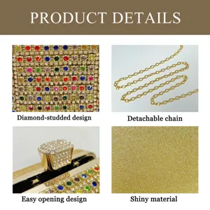 Rhinestone evening clutch bag detail showcase, shiny gold party purse with detachable chain.