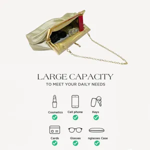 Elegant gold evening clutch bag with chain strap, large capacity design for daily essentials.