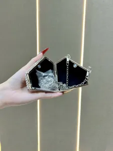 Mini rhinestone evening clutch bag with chain strap, sparkling crystal geometric handbag for women.