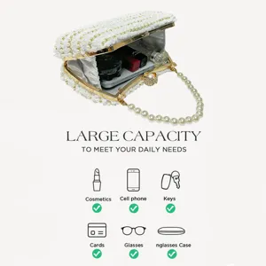 Pearl beaded evening clutch bag white tweed small shoulder bag for women daily capacity