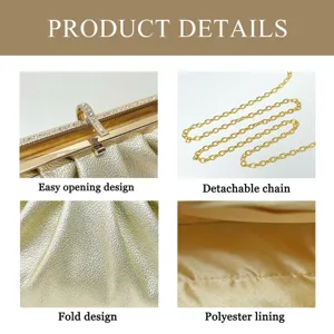 Gold evening clutch bag detail showing rhinestone clasp, detachable chain and pleated design.