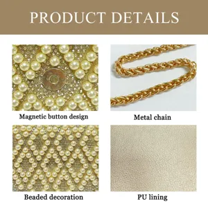 Elegant beaded evening clutch bag with metal chain and magnetic button detail for women.