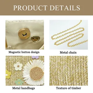 Straw woven handbag detail view showing magnetic button, metal chain and floral decor.