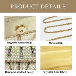 Elegant rhinestone evening clutch bag with metal chain and magnetic snap for women details.