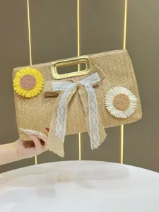 Women Straw Woven Shoulder Bag Fashion Handbag Casual Crossbody Bag With Chain Floral Bowknot Summer Beach Vacation Bag