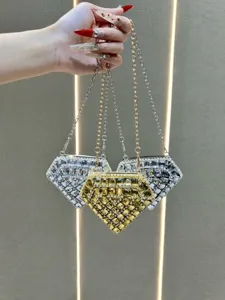Diamond shape rhinestone evening clutch bag with metal chain strap, luxury crystal mini purse.