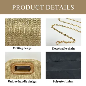 Straw woven crossbody bag detail view showing texture, metal chain, and handle design.