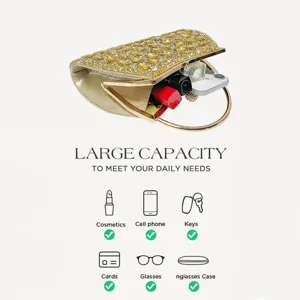 Gold rhinestone evening clutch bag with metal handle, showing spacious capacity for daily items.