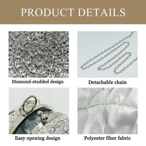 Exquisite diamond-studded evening bag detail featuring smooth polyester lining and chain.