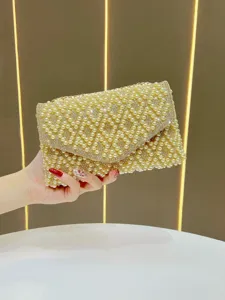 Womens Evening Bag Pearl Rhinestone Clutch Bag Elegant Banquet Shoulder Handbag Metallic Chain Crossbody Bag