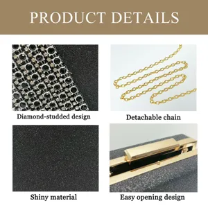 Close-up details of sparkly evening clutch bag, diamond studded texture and metal chain.