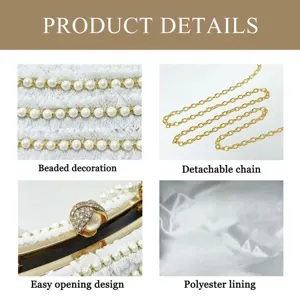 Elegant pearl beaded evening clutch bag with detachable chain and stylish clasp closure detail.
