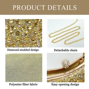 Rhinestone evening bag detail shot featuring sparkling diamonds, detachable chain and fabric.