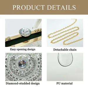 Luxurious rhinestone evening clutch bag with detachable chain and PU material design.