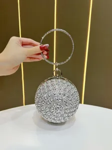 Rhinestone Round Ball Evening Bag Luxury Rose Floral Clutch Bag With Chain Women Fashion Handbag For Banquet Wedding Party