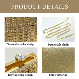 Stunning gold rhinestone evening clutch bag detail with diamond studding and chain.