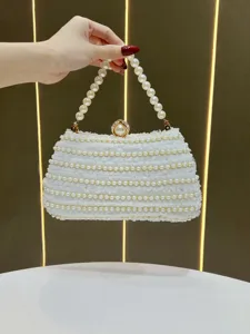 Women Evening Bag Beaded Clutch Chain Crossbody Bag Lace Pearl Handbag Elegant Wedding Party Shoulder Bag