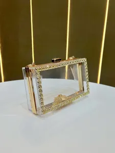 Clear acrylic evening clutch bag with rhinestone border and gold chain for wedding party dress