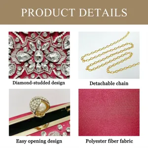 Detailed view of women evening clutch bag with rhinestone diamond studded design and chain.