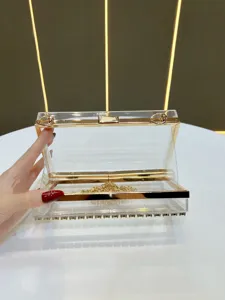 Clear acrylic evening clutch bag featuring gold hardware and delicate chain strap.