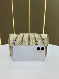 Elegant rhinestone pearl shoulder bag, luxury women clutch handbag for evening party events.